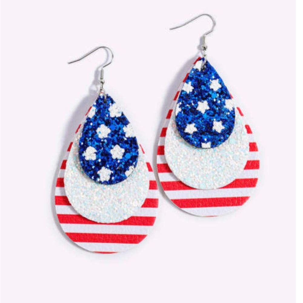 American Patriotic Flag Leather Earrings Teardrop Dangle Sparkle, Lightweight